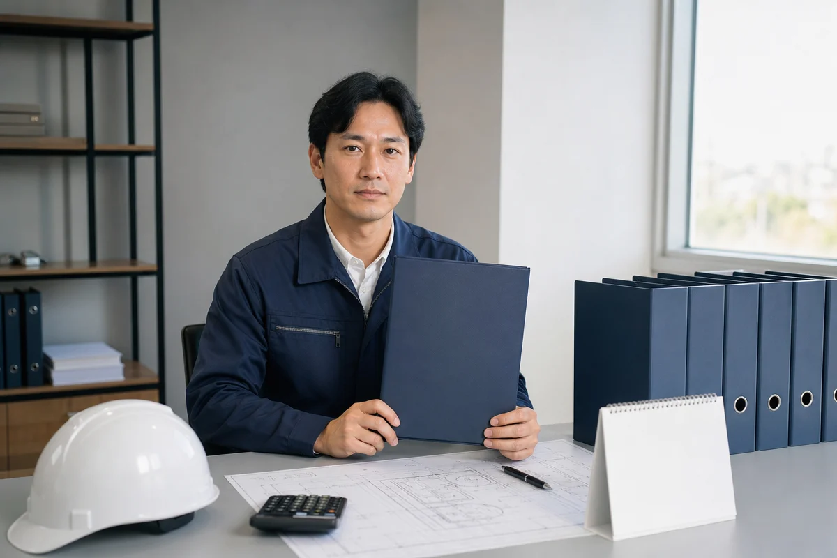 전기공사업체 창업 준비자가 빈 서류철과 등록 서류를 점검하는 사무실 모습