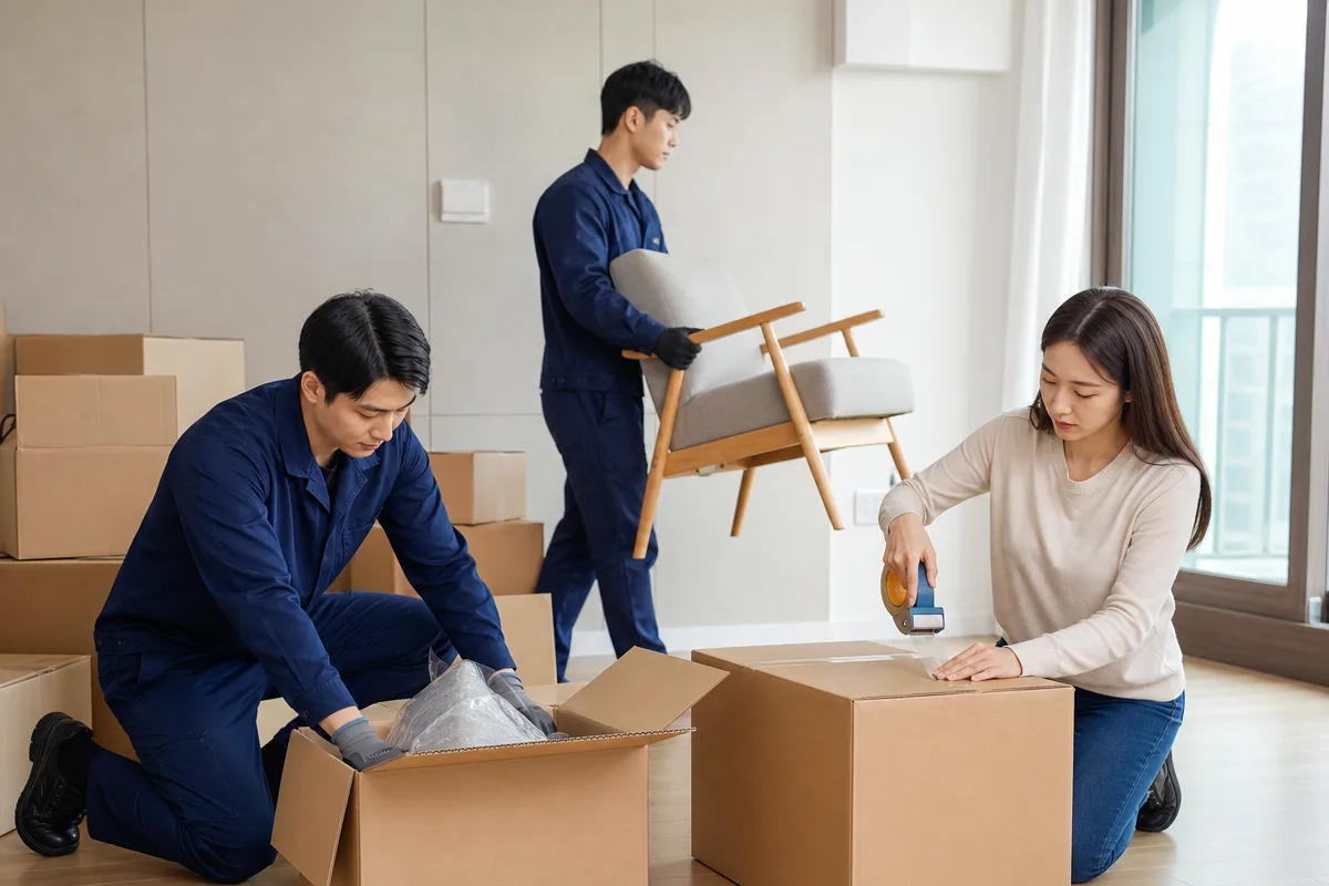 포장 반포장 일반 이사 작업을 나란히 보여주는 이사업체 직원과 고객