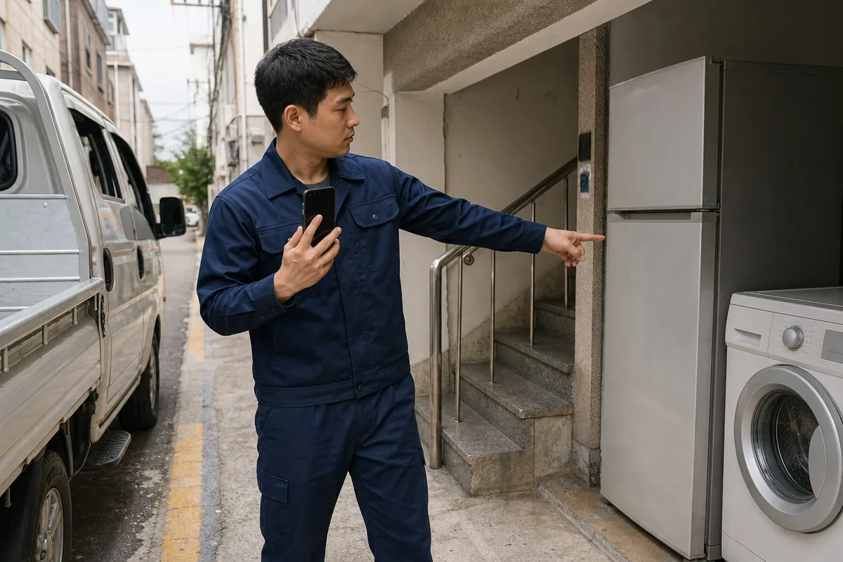 좁은 골목과 계단 앞에서 대형 가전을 확인하는 부산 용달 이용요금 상담 장면
