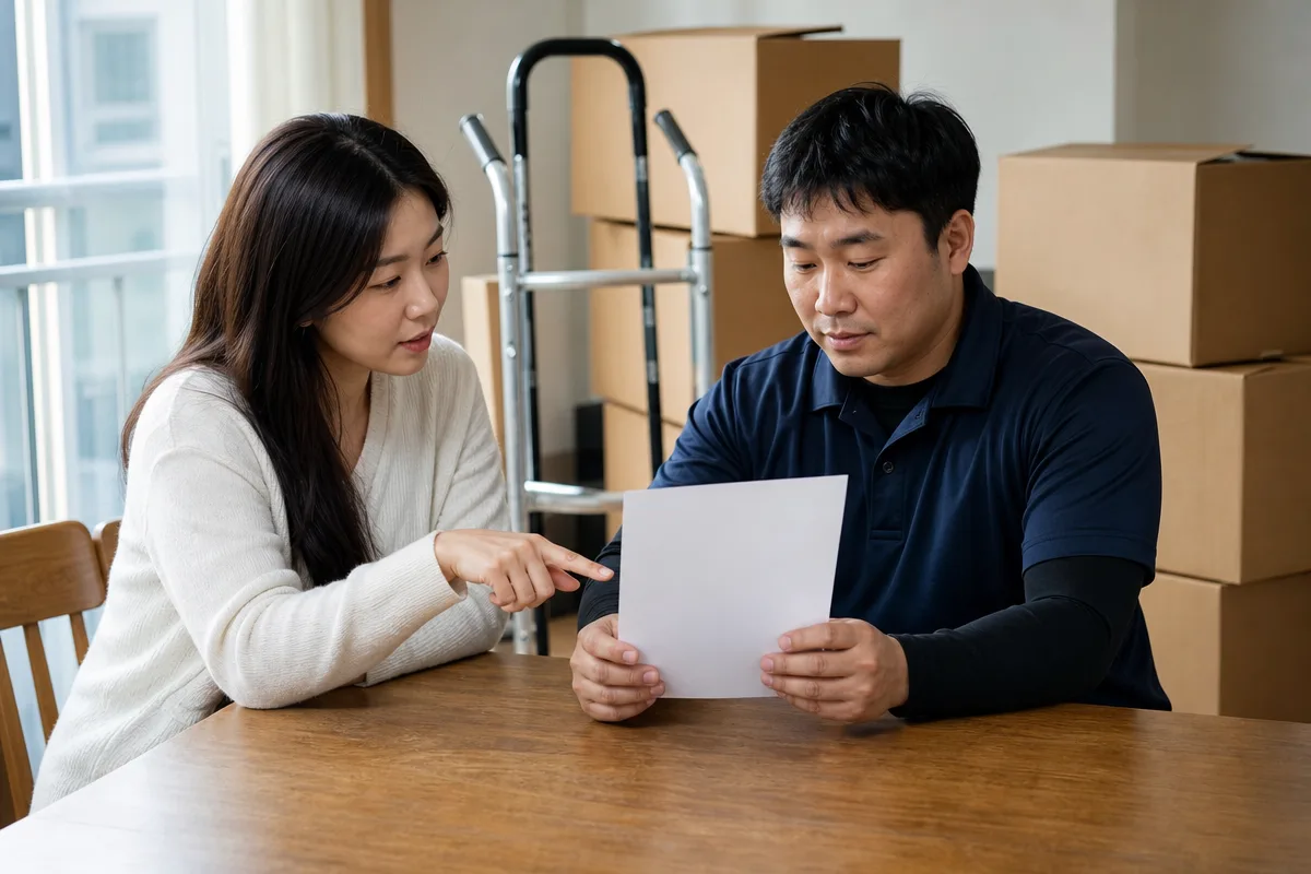 이사 견적서를 함께 확인하며 용달비용 추가 항목을 점검하는 모습
