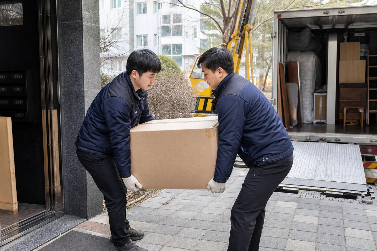 포장이사견적비교를 위해 이삿짐 상자를 차량에 옮기는 이사 작업자들