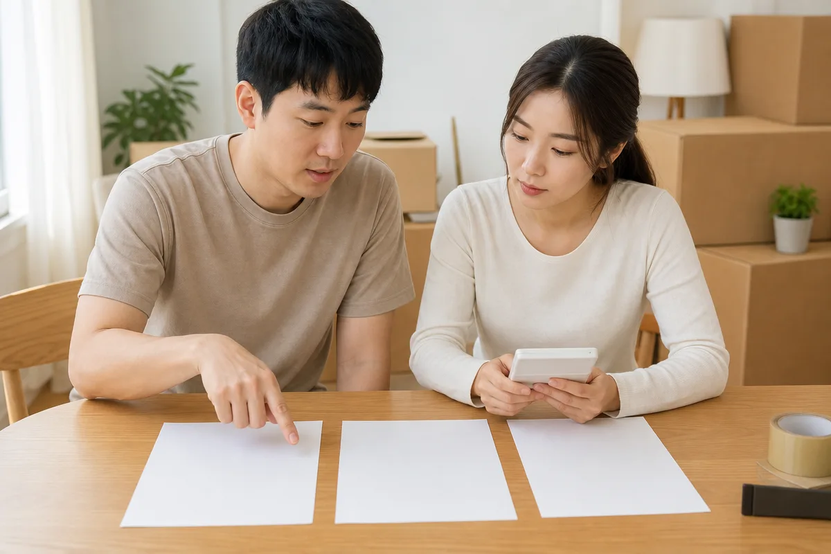 이사 견적 비교를 위해 빈 견적서 세 장을 살펴보는 부부