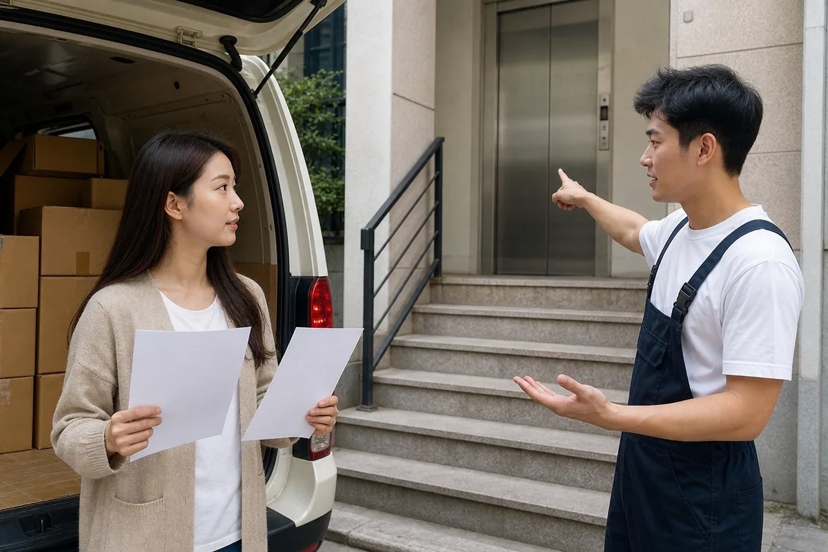 청주용달 예약 전 고객과 기사가 계단과 견적서를 확인하는 모습
