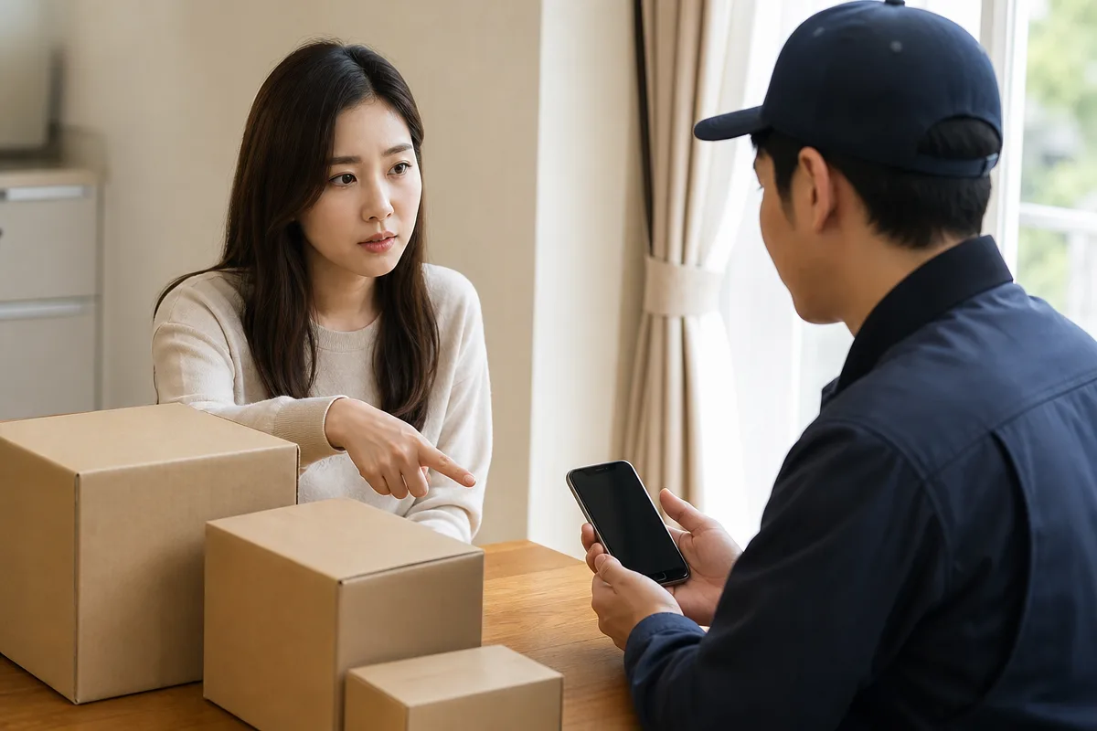 대구용달 견적 상담을 위해 상자와 운송 정보를 확인하는 고객과 기사