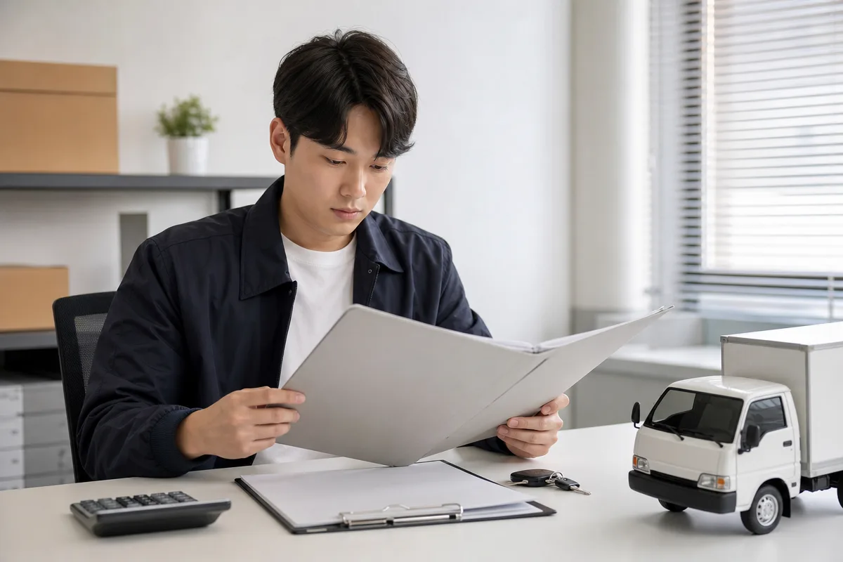 개인용달 창업 준비를 위해 차량 모형과 서류를 검토하는 예비 사업자