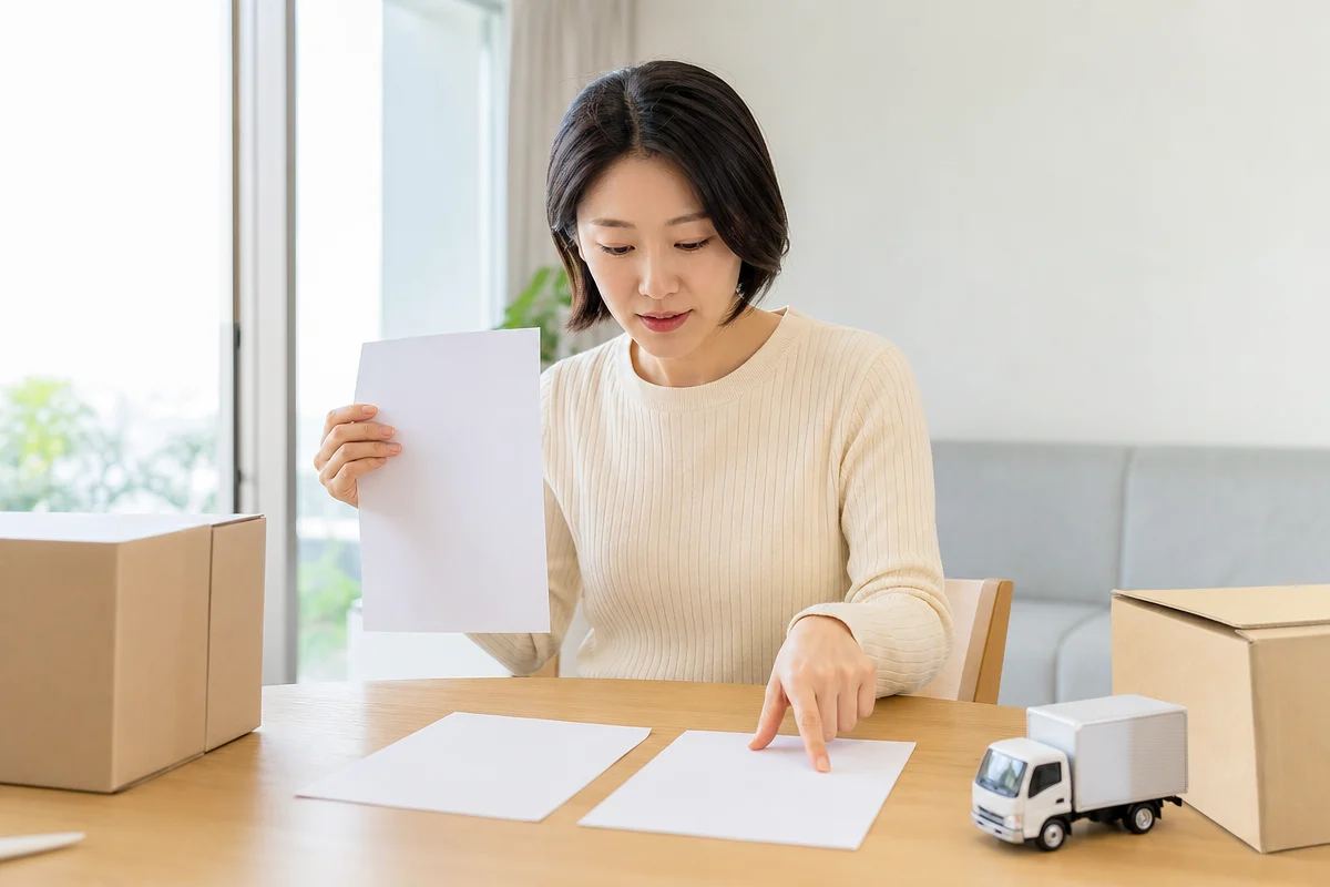 거실에서 이사비용 견적서 세 장을 비교하며 항목을 확인하는 고객