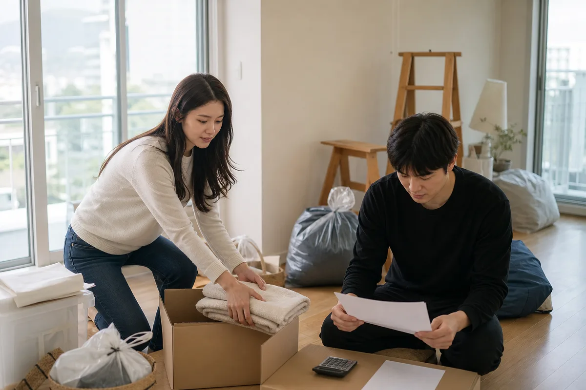이사 전 짐을 정리하며 빈 견적서를 비교하는 모습으로 포장이사견적비교를 표현한 이미지