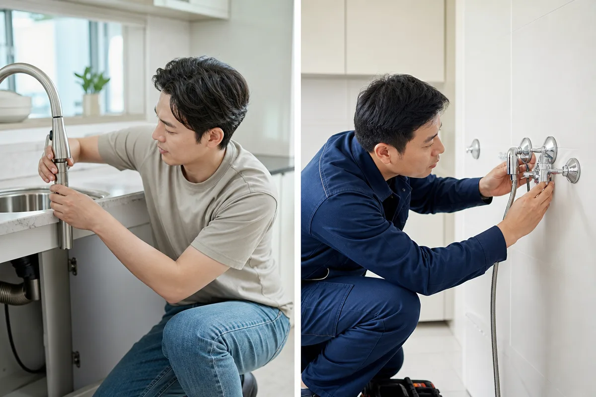 싱크대수전교체비용을 비교하는 원홀 수전 작업자와 벽붙이 수전 전문가