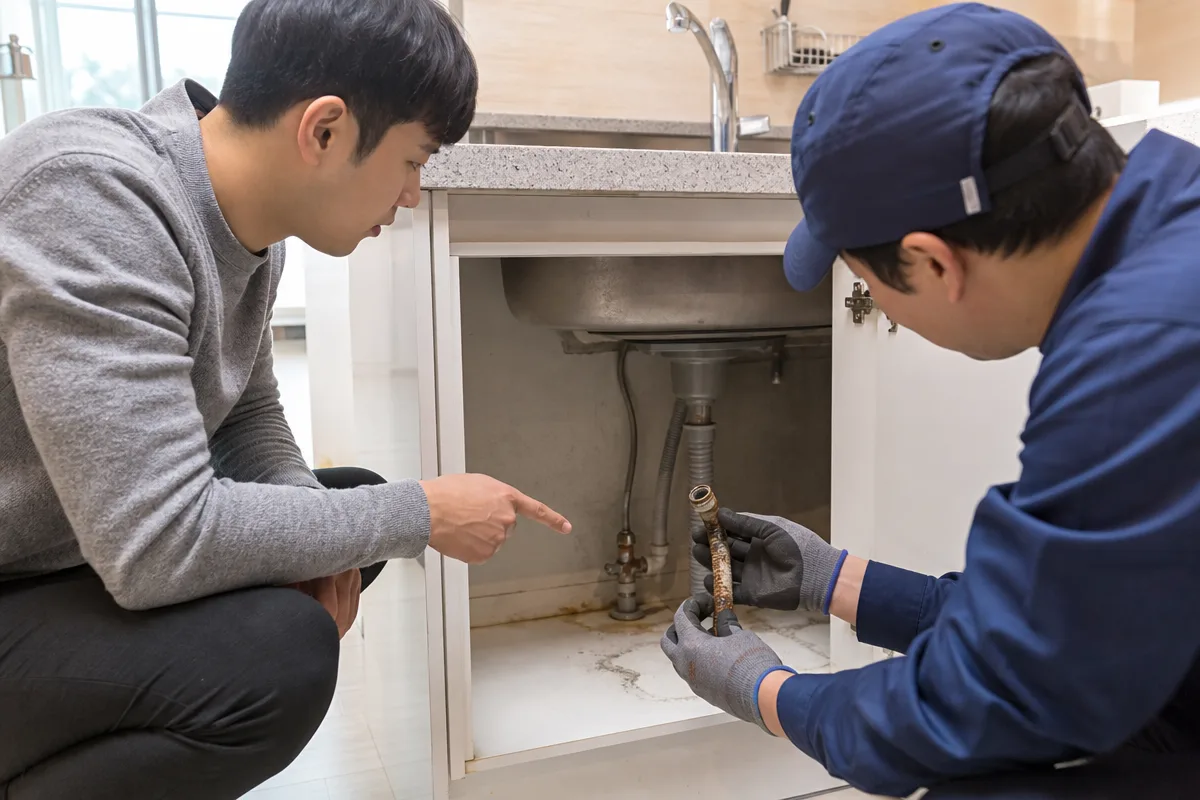 싱크대수전교체비용 협의를 위해 누수 흔적과 부식된 연결호스를 점검하는 모습
