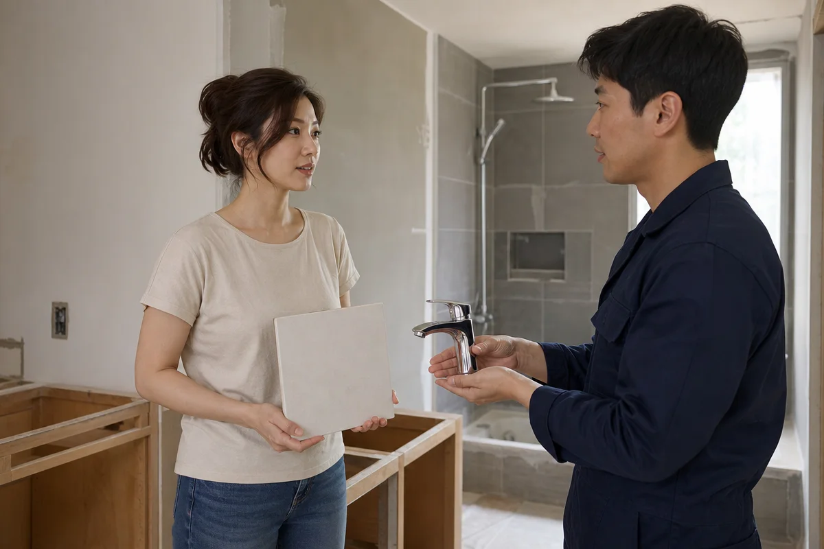 대전화장실리모델링을 위해 타일과 수전을 비교하는 욕실 상담 장면