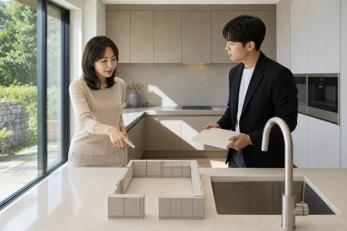 청주싱크대교체를 위한 ㄱ자와 ㄷ자 주방 구조, 상판과 싱크볼 상담 장면