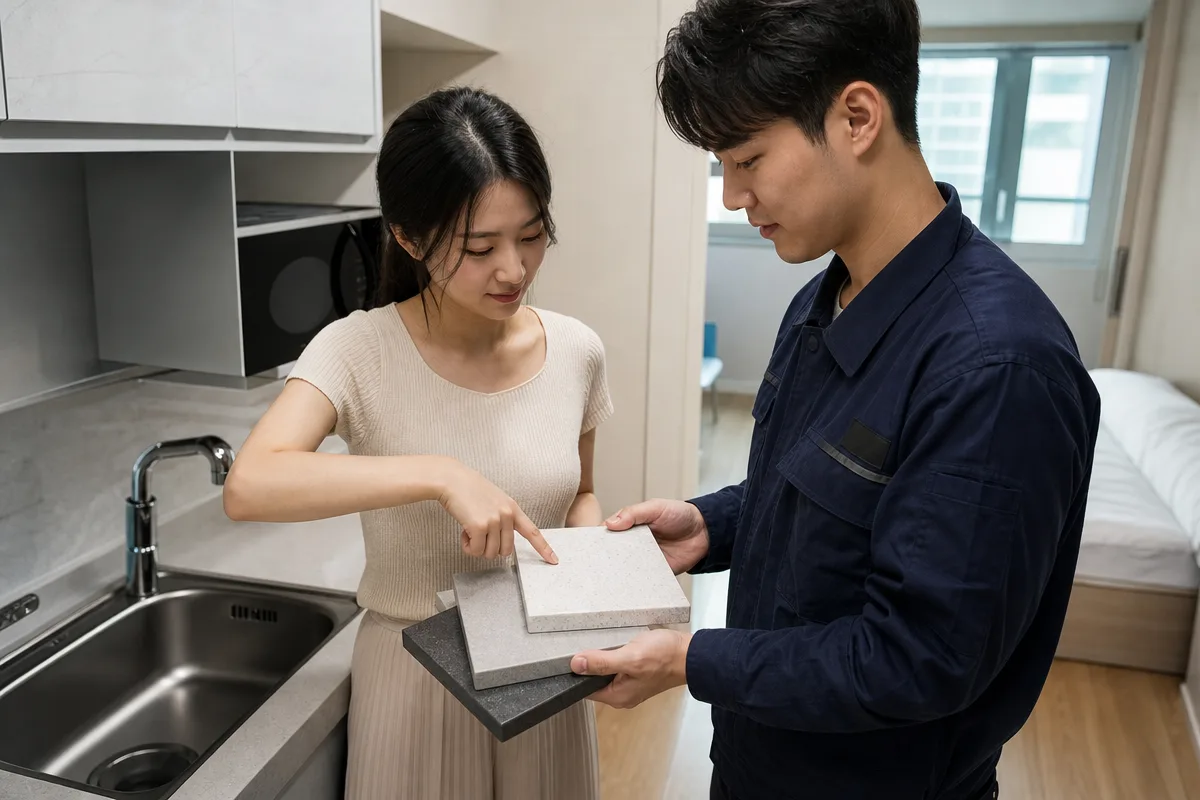 원룸싱크대교체 전 상판과 하부장 자재를 비교하는 집주인과 시공 기사