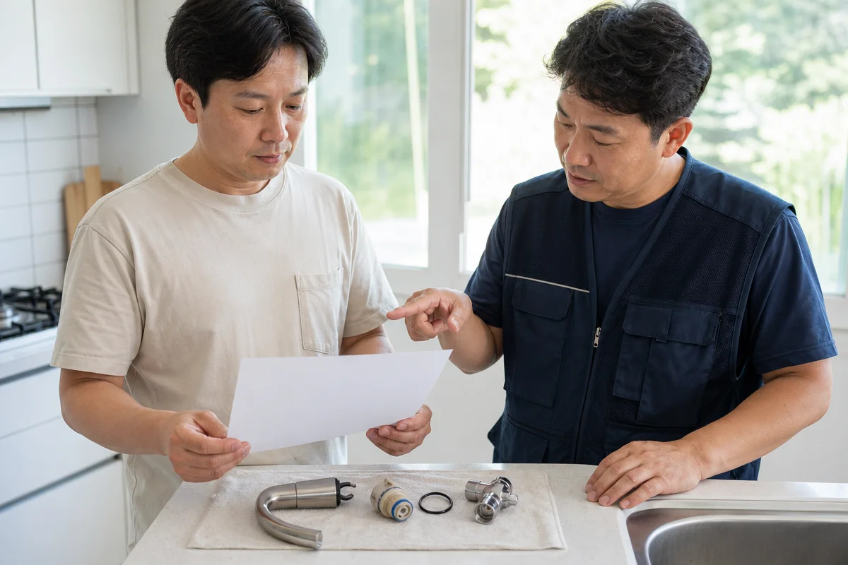 주방 수전과 부품을 놓고 수전교체비용 견적 항목을 확인하는 모습