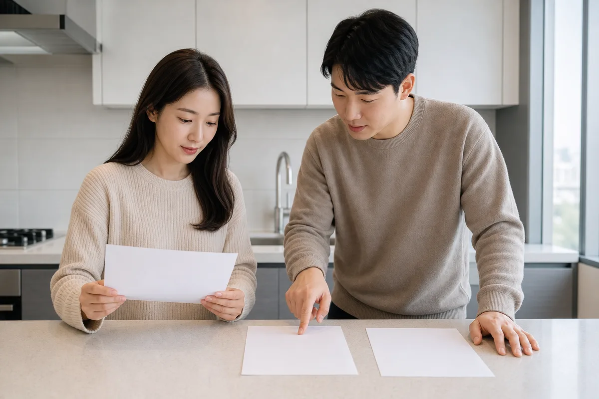아파트싱크대교체 전 주방에서 견적서 항목을 비교하는 부부