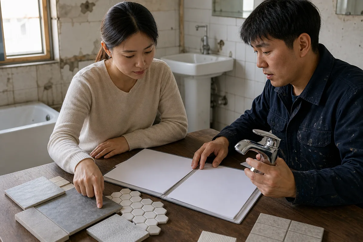 구축 아파트 욕실에서 자재와 무지 계약서를 확인하는 대전화장실리모델링 상담 장면