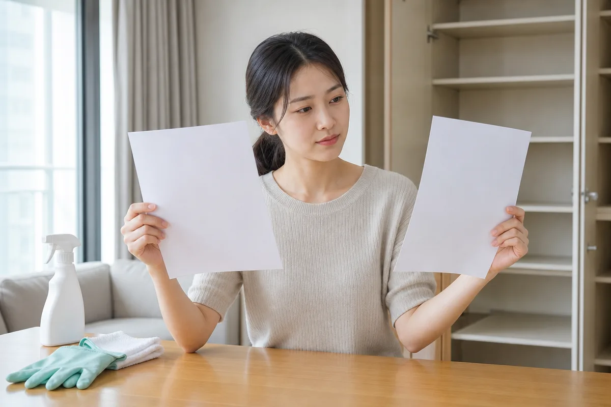 입주 전 빈 아파트에서 청소 견적을 비교하는 모습으로 천안입주청소 비용 상담을 표현
