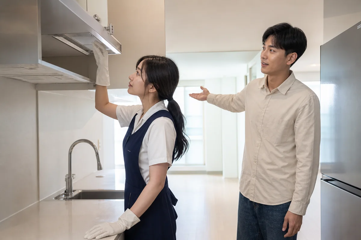 입주청소비용 추가 항목을 확인하기 위해 주방 가전과 붙박이장을 살피는 모습