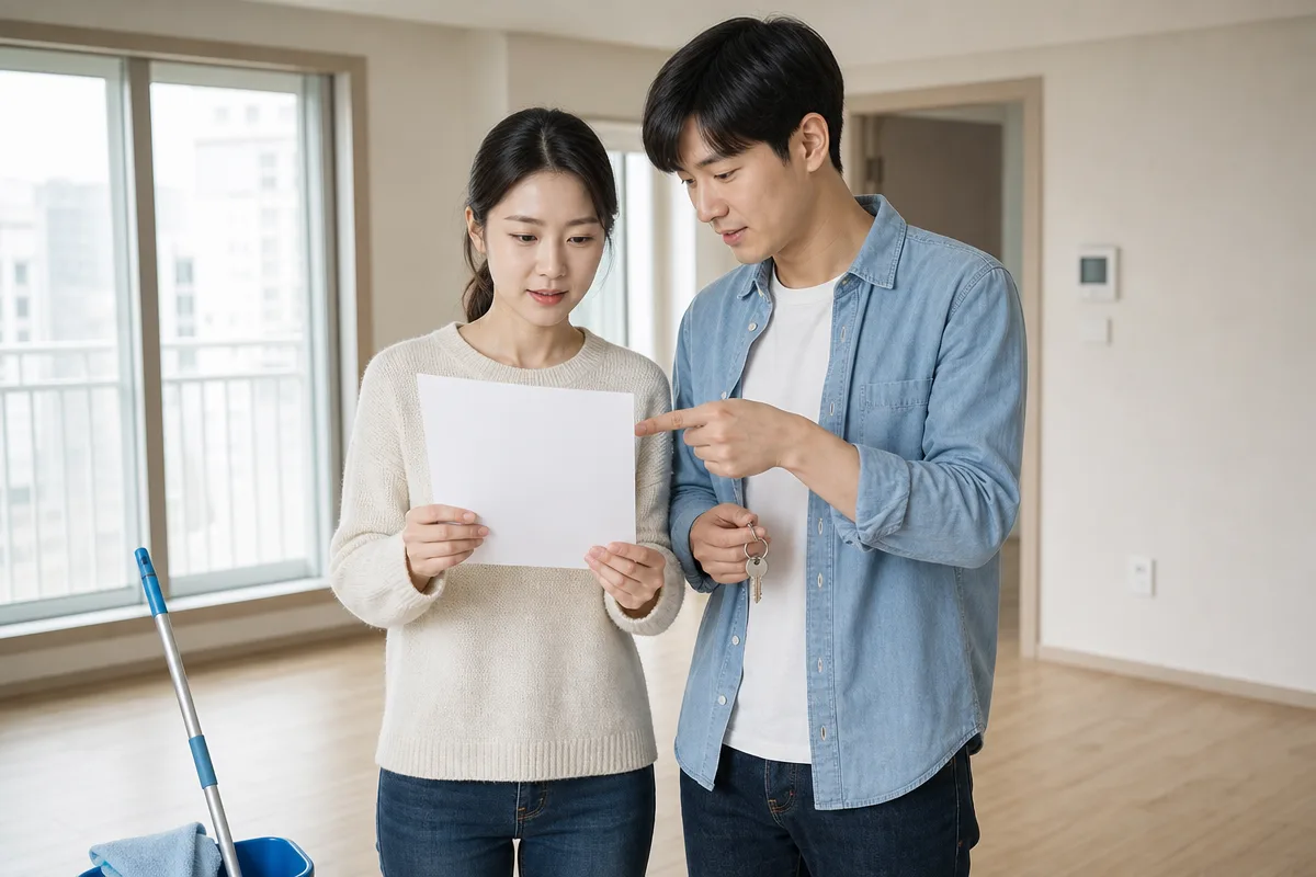 빈 신축 아파트에서 광주입주청소 업체 계약 전 확인서를 살펴보는 부부
