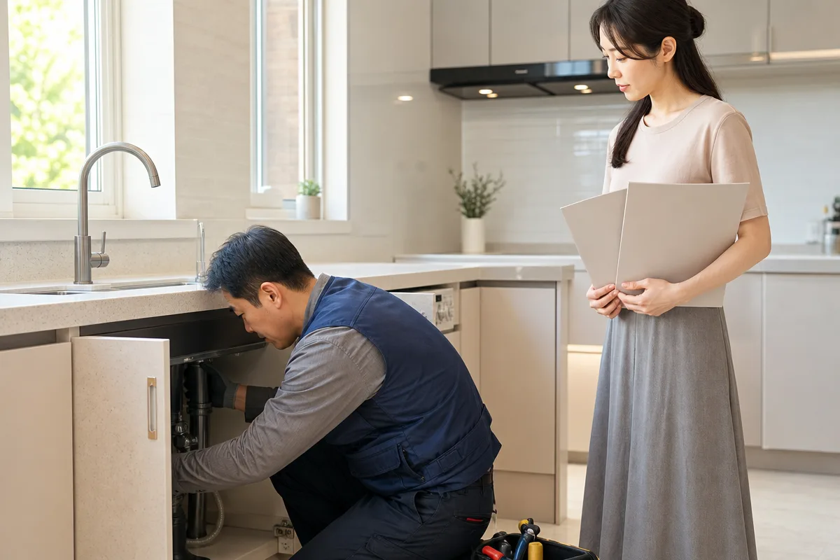 새 싱크대 아래 배수관을 점검하며 견적서를 비교하는 광주싱크대교체 상담 장면