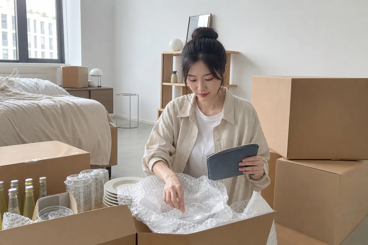 원룸이사 전 유리 식기와 액체류를 안전하게 포장하는 모습