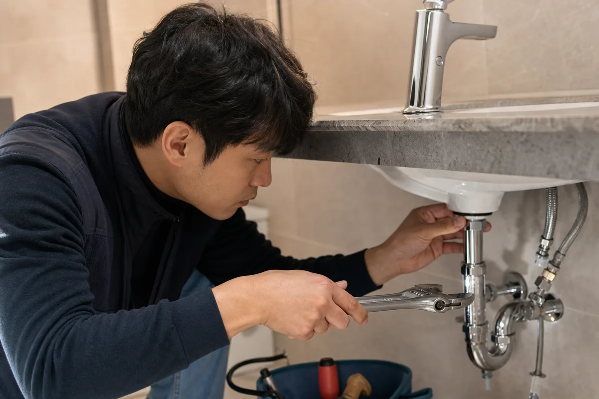 욕실 세면대 아래에서 수전을 교체하는 작업 모습으로 보는 세면대수전교체비용