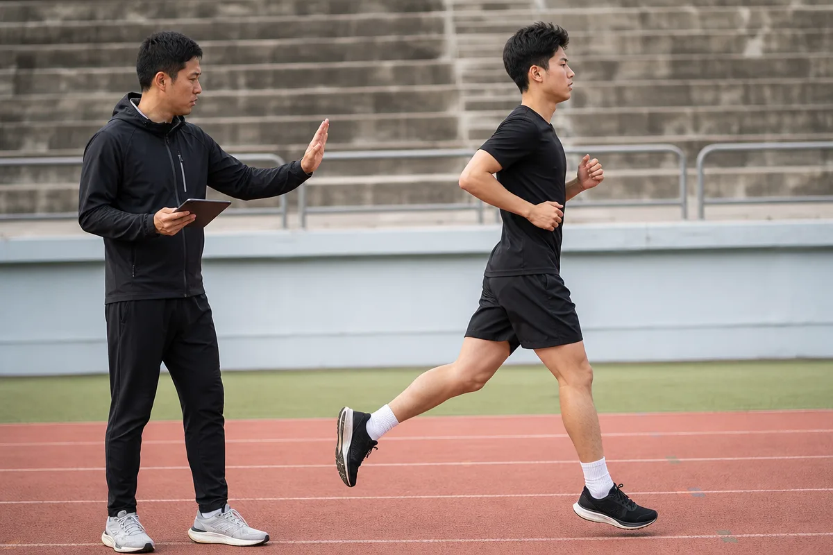 트랙에서 코치가 초보 러너의 착지 자세를 관찰하는 달리기레슨