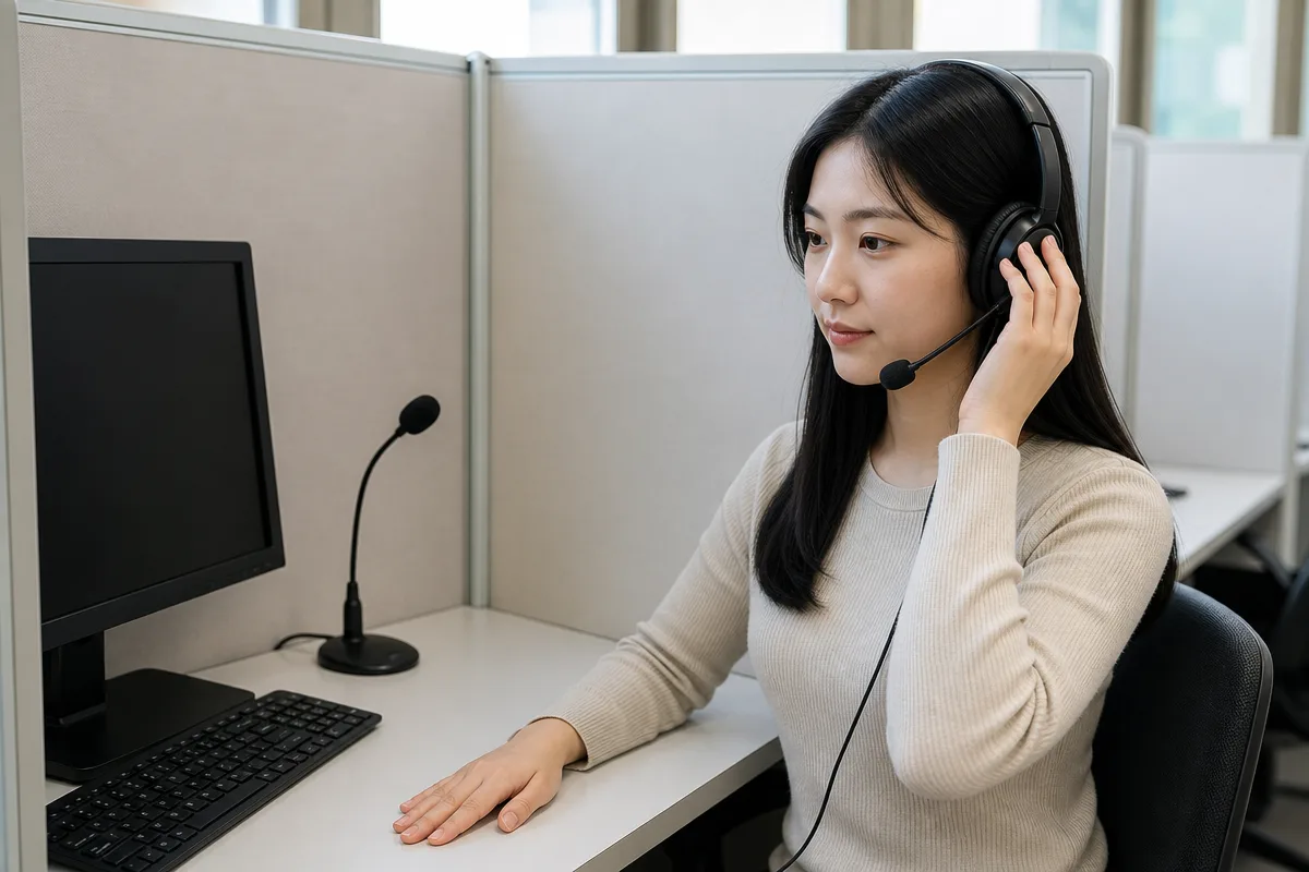헤드셋을 조정하며 컴퓨터 기반 오픽시험을 준비하는 응시자