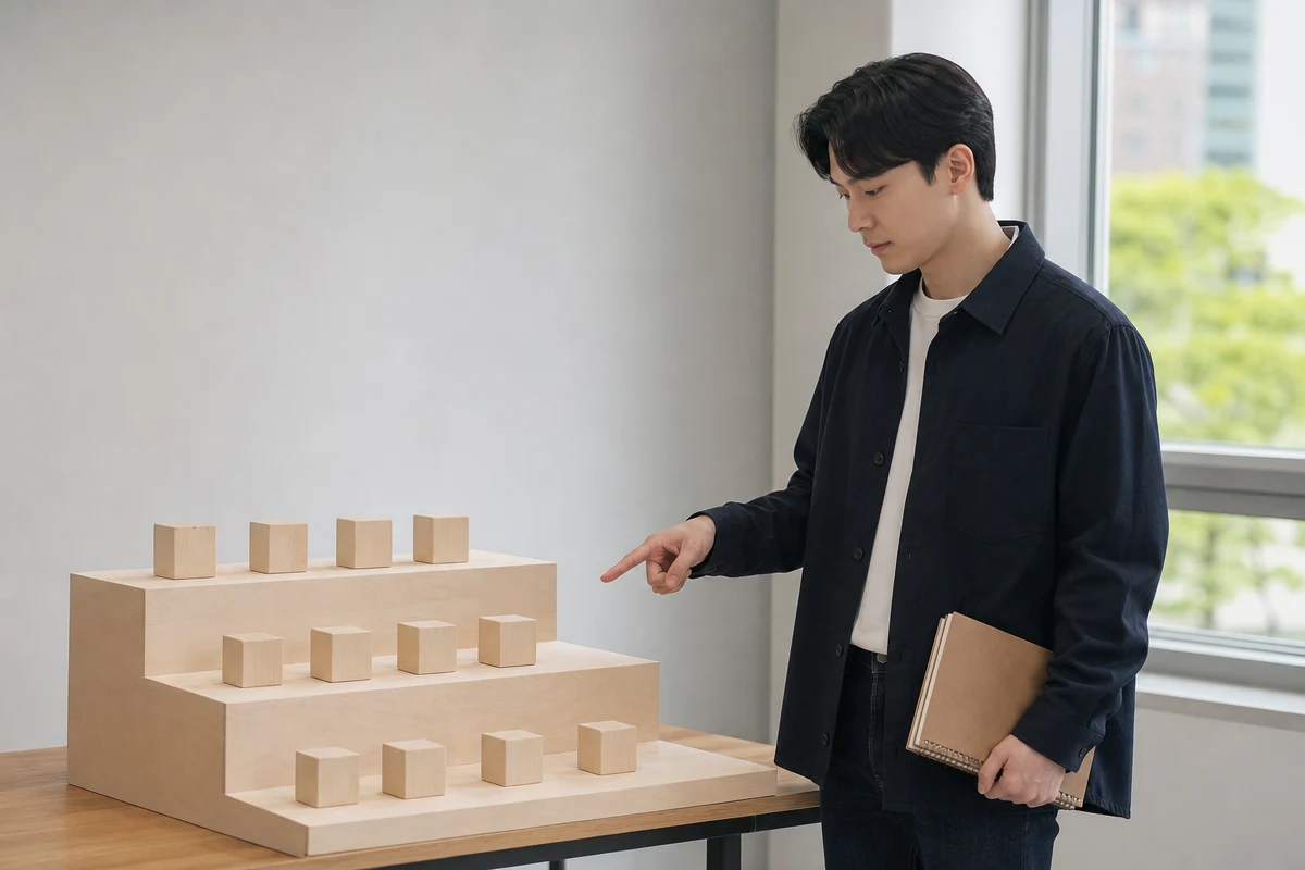 오픽시험 등급 체계를 상징하는 3단 나무 구조와 9개 빈 블록