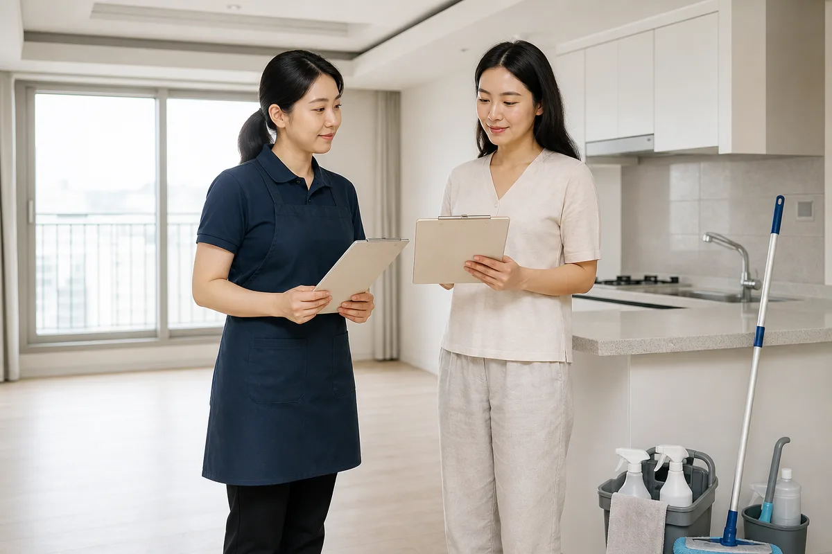 빈 아파트 주방에서 전주입주청소 견적을 확인하는 청소 전문가와 고객