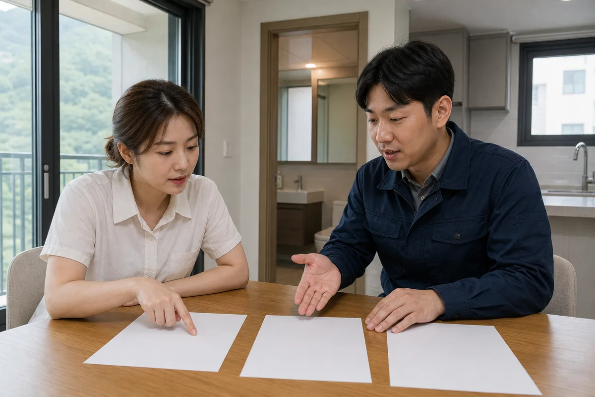 전주입주청소 견적서를 비교하며 주방과 욕실 청소 범위를 상담하는 모습