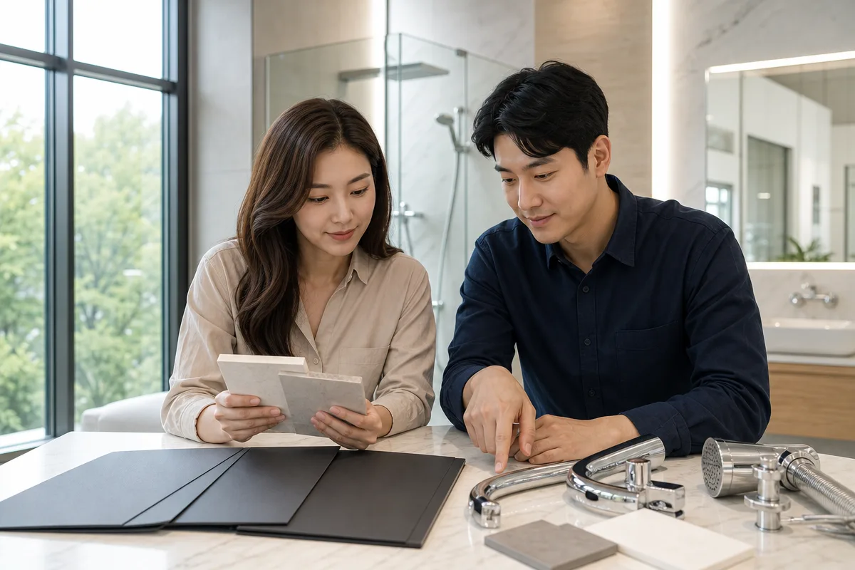 욕실 자재와 견적서를 비교하며 화장실리모델링비용을 검토하는 모습