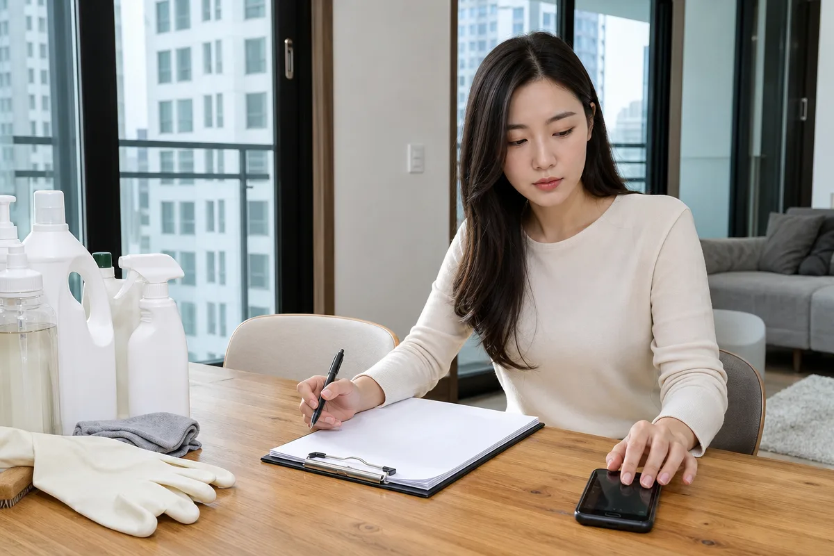 신축 아파트에서 서류와 청소 용품을 확인하는 김포입주청소 예약 준비 모습