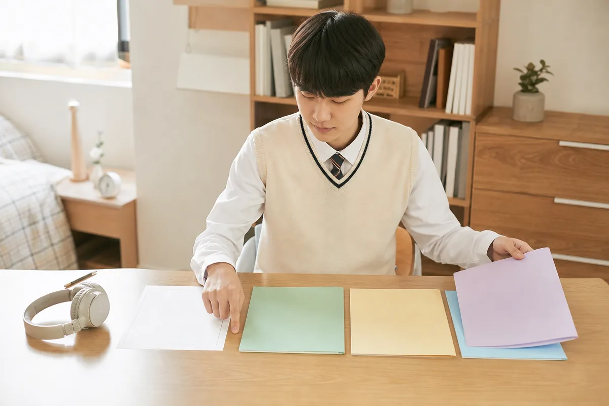 책상에서 학습 자료와 답안지로 영어모의고사 준비 순서를 정리하는 학생