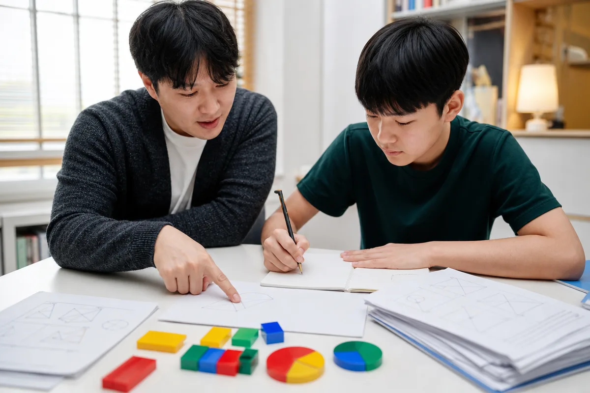 수학과외에서 튜터가 학생의 문제 풀이 과정을 단계별로 지도하는 모습