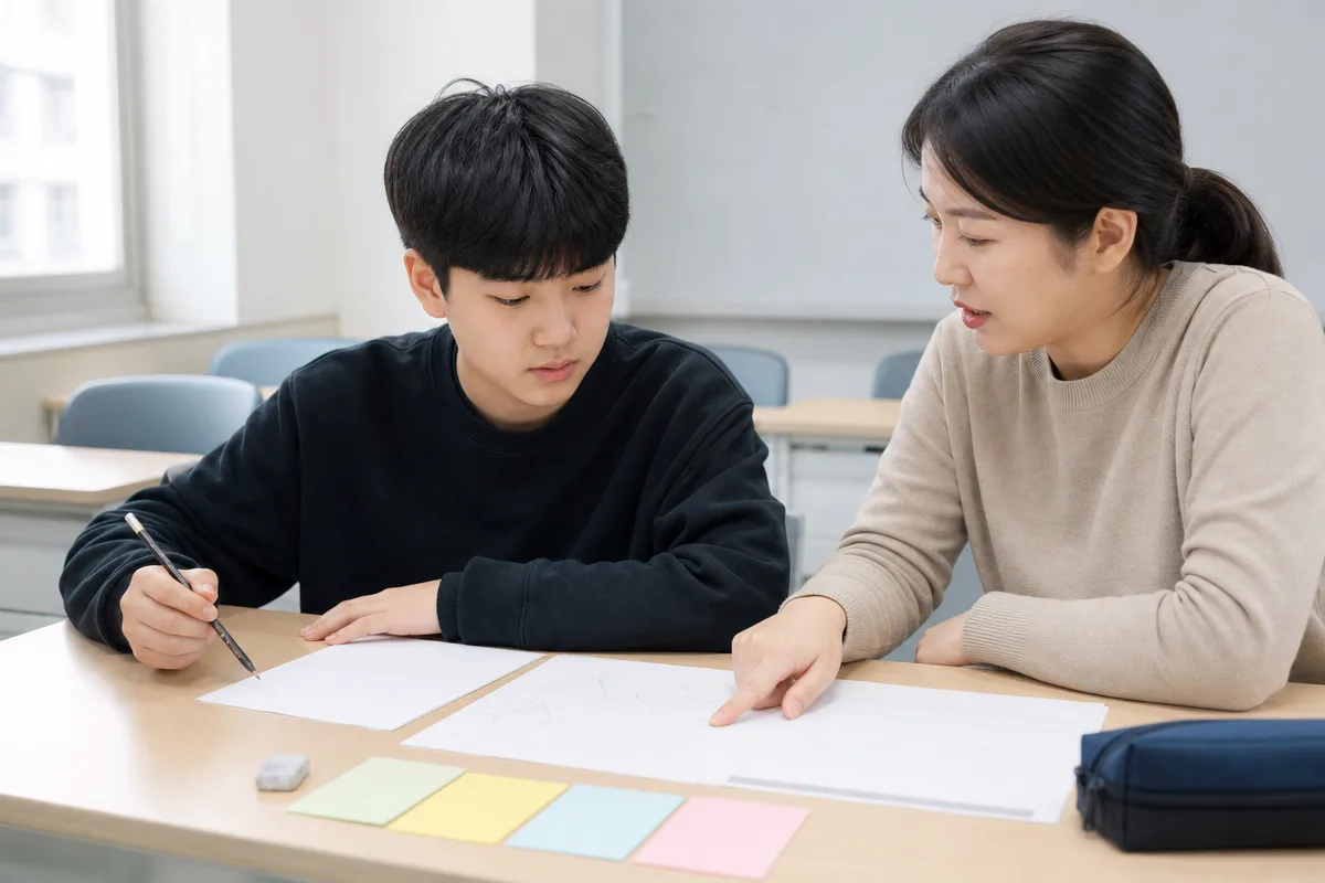 수학학원에서 중학생이 교사와 수준별 문제지와 학습 계획을 살펴보는 모습