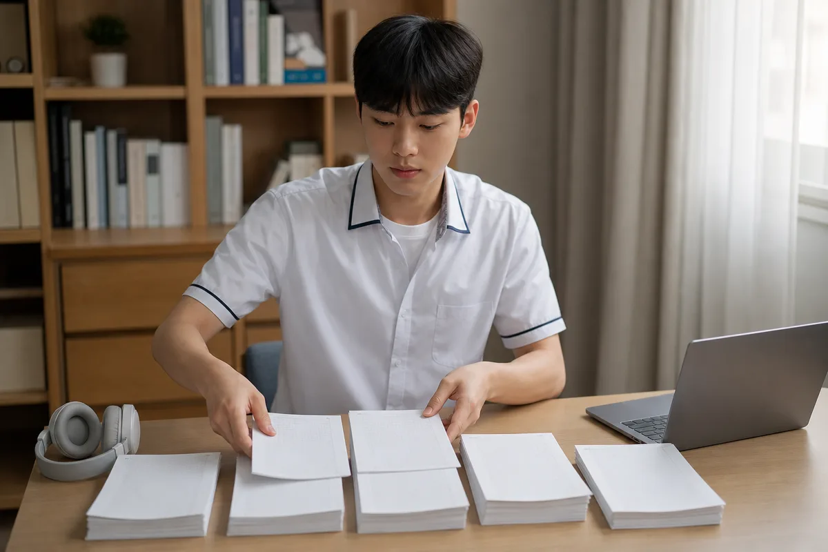책상에서 문제지와 해설지, 헤드폰을 정리하는 학생의 영어모의고사 자료