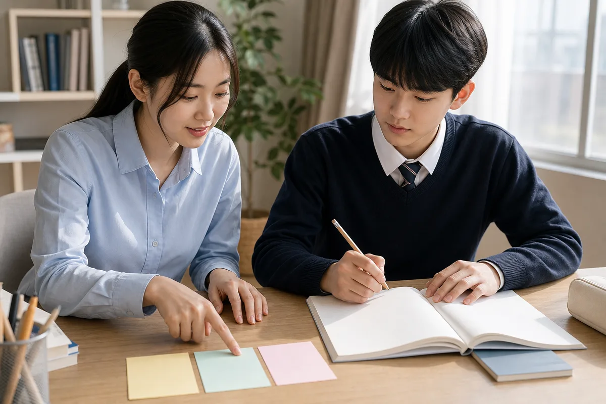 교사가 학생과 색상별 빈 학습 카드를 놓고 수학과외 계획을 살피는 모습