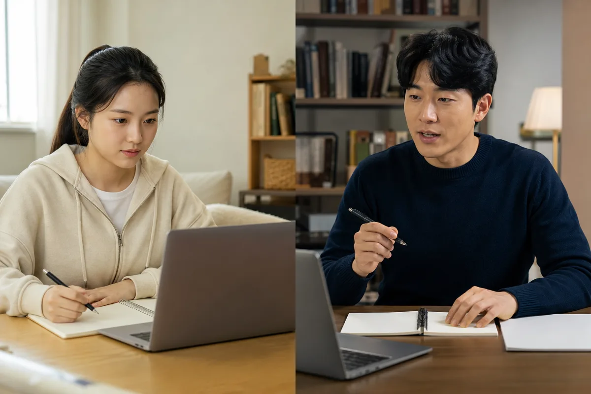 노트북 화상 수업과 대면 지도를 비교하는 영어과외 학습 장면
